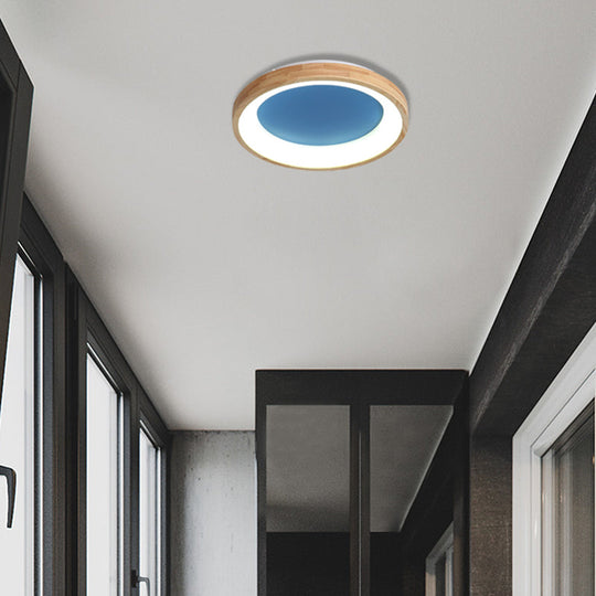 Nordic Style Led Flushmount Ceiling Light - Green/Blue Wood Circular Design 12/16/19.5 Width Blue /