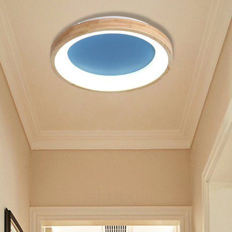 Nordic Style Led Flushmount Ceiling Light - Green/Blue Wood Circular Design 12/16/19.5 Width Blue /