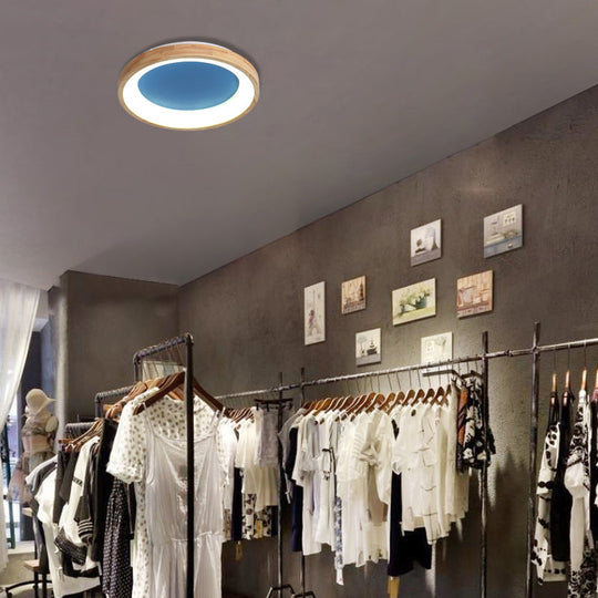 Nordic Style Led Flushmount Ceiling Light - Green/Blue Wood Circular Design 12/16/19.5 Width