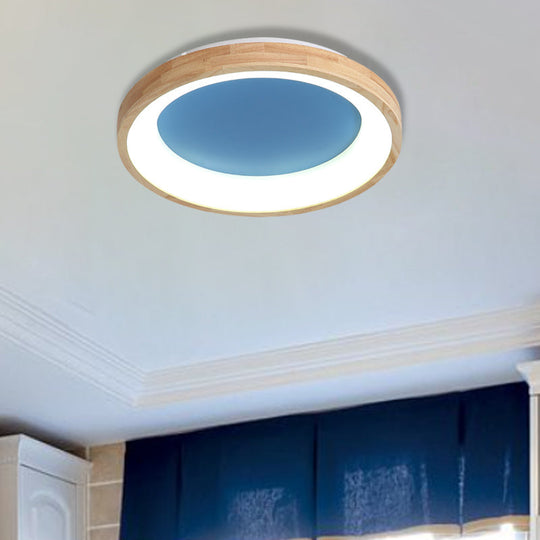 Nordic Style Led Flushmount Ceiling Light - Green/Blue Wood Circular Design 12/16/19.5 Width Blue /