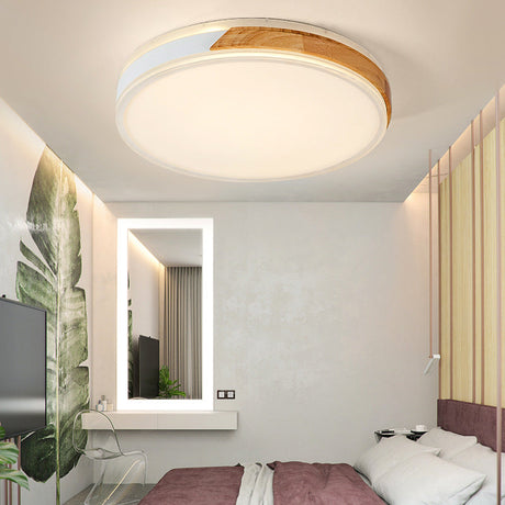 Modern Wood And Iron Ceiling Light Flush Mount In White/Gold - Warm White Indoor Fixture / 16