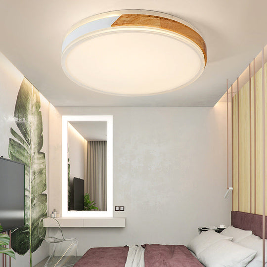 Modern Wood And Iron Ceiling Light Flush Mount In White/Gold - Warm White Indoor Fixture / 16