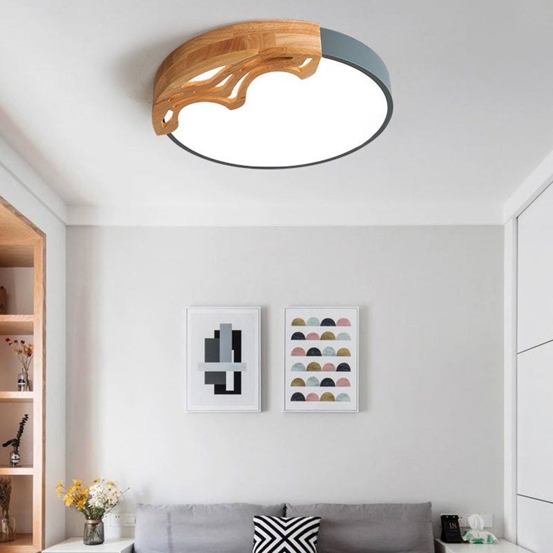 Nordic Led Ceiling Light- Thin Round Acrylic Flushmount With Wavy Wood Pattern White/Grey/Green