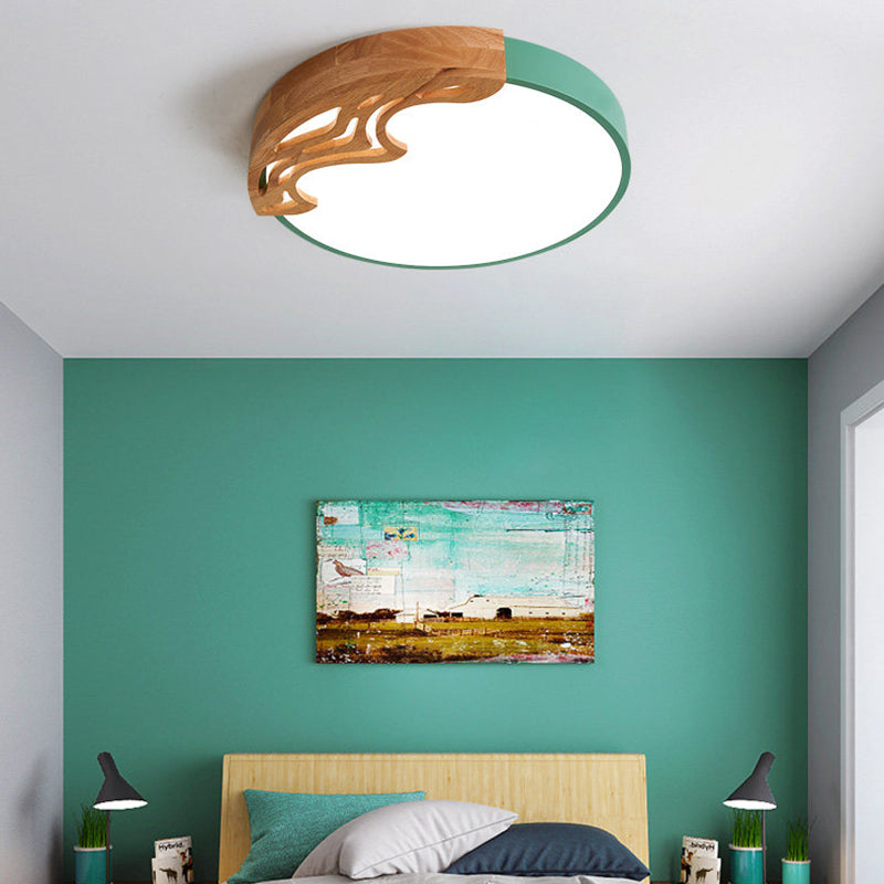 Nordic Led Ceiling Light- Thin Round Acrylic Flushmount With Wavy Wood Pattern White/Grey/Green