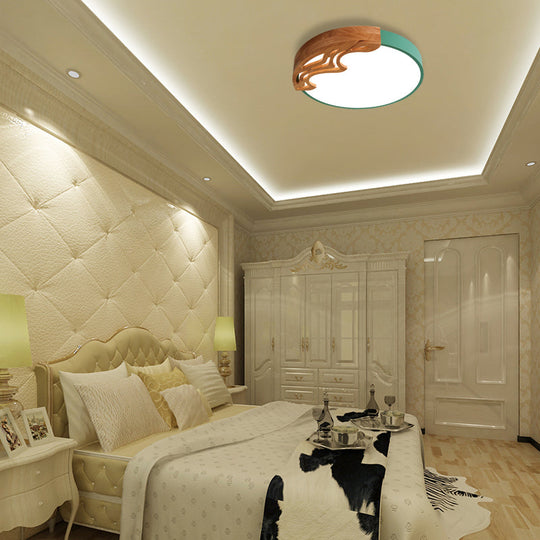 Nordic Led Ceiling Light- Thin Round Acrylic Flushmount With Wavy Wood Pattern White/Grey/Green