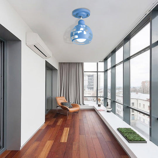 Modern Metal Semi - Flush Light With 1 Head For Hallway - Pink/Yellow/Blue Domed Design