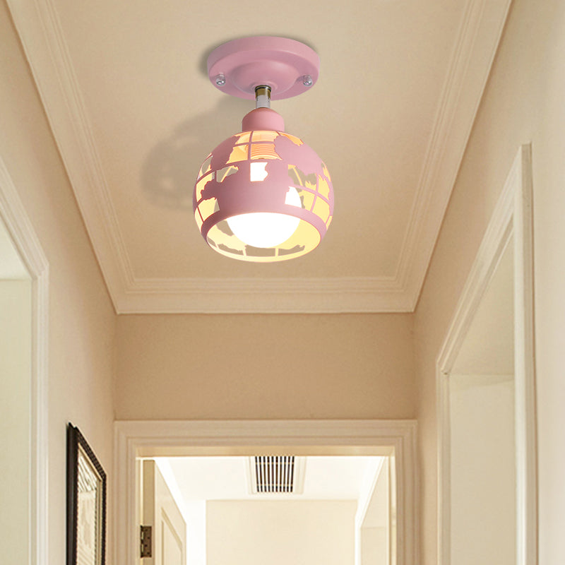Modern Metal Semi - Flush Light With 1 Head For Hallway - Pink/Yellow/Blue Domed Design Pink