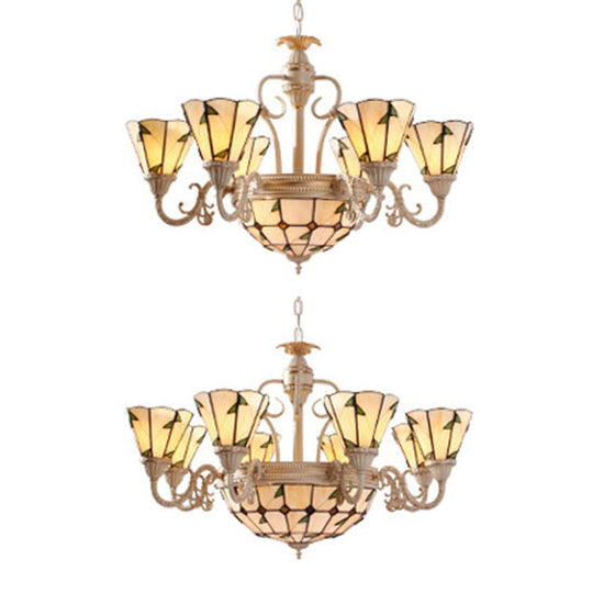 Tiffany Cone Pendant Light - 9/11 Lights Beige Stained Glass Chandelier With Leaf Pattern