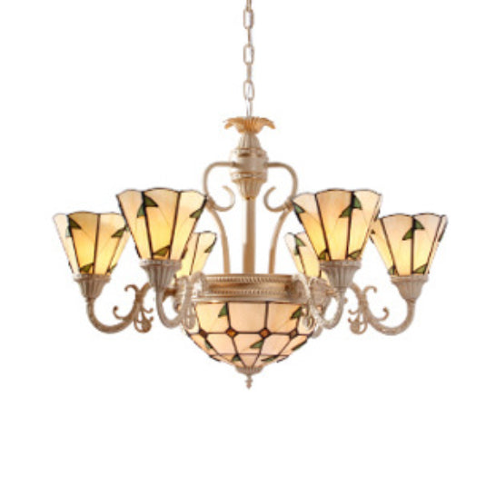 Tiffany Cone Pendant Light - 9/11 Lights Beige Stained Glass Chandelier With Leaf Pattern