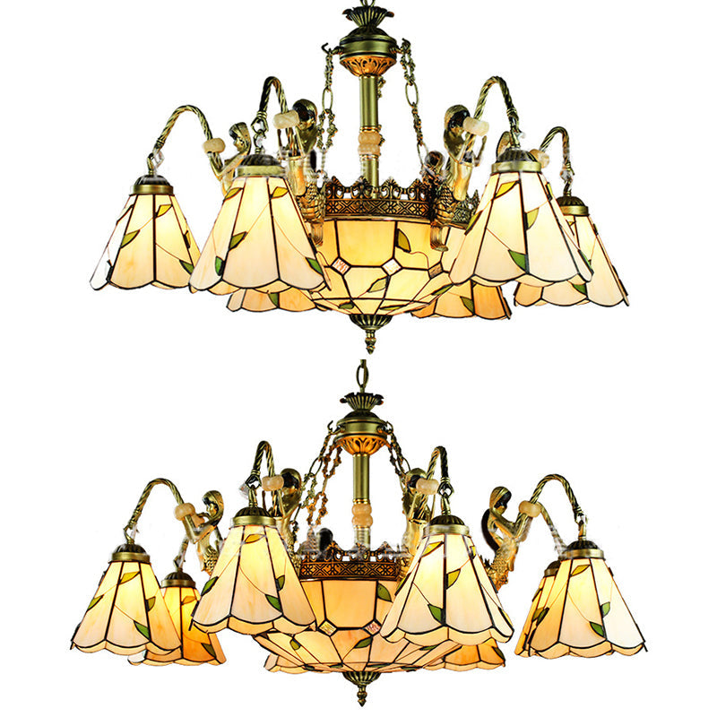 Beige Tiffany Cut Glass Pendant Chandelier - 9/11 Lights Conical Hanging Light With Mermaid Deco
