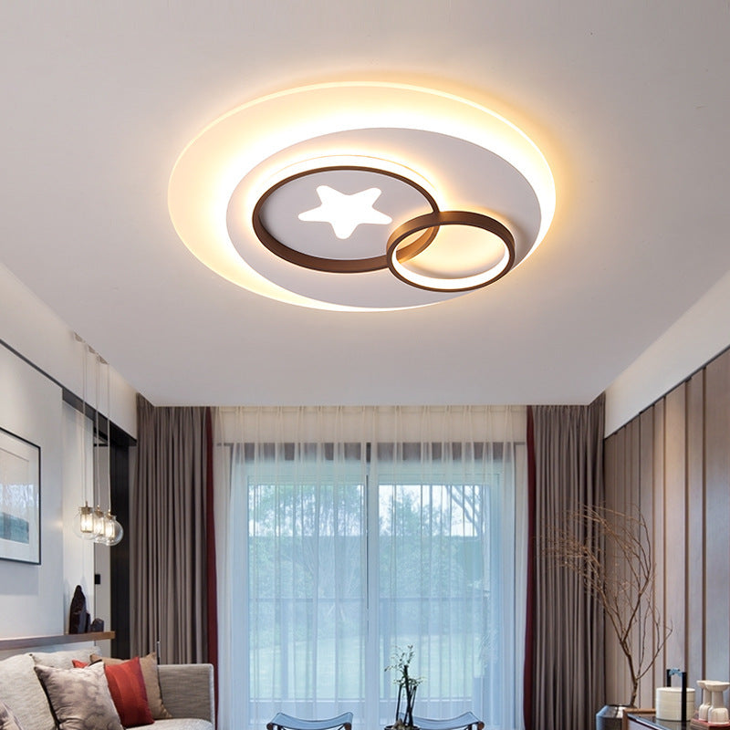 Contemporary Led Indoor Flush Lamp - White Circles Mount Lighting With Star Design Warm/White
