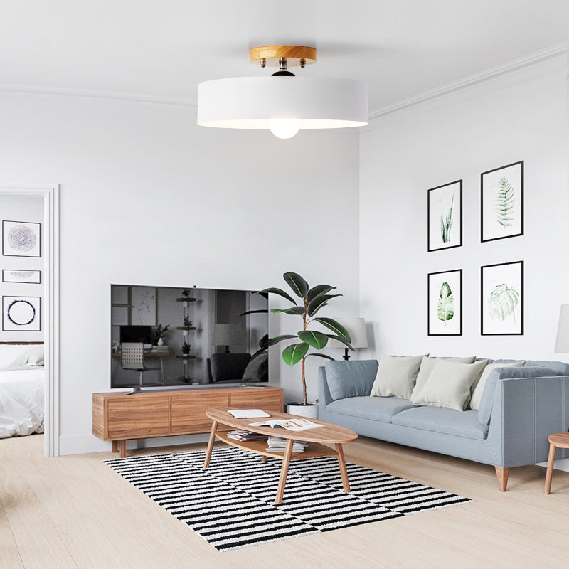 Modern Semi-Mount Drum Light: 1-Light 12’ W Metal Fixture In Gray/White/Red/Pink For Living Room