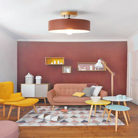 Modern Semi-Mount Drum Light: 1-Light 12’ W Metal Fixture In Gray/White/Red/Pink For Living Room