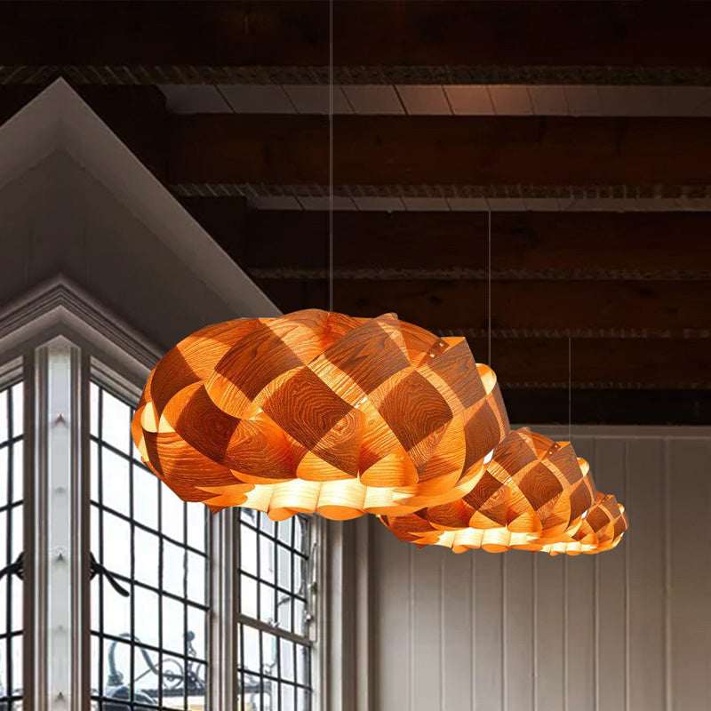 Japanese Rounded Drum Wood Ceiling Light Fixture In Beige - 1 Head Suspended Lighting