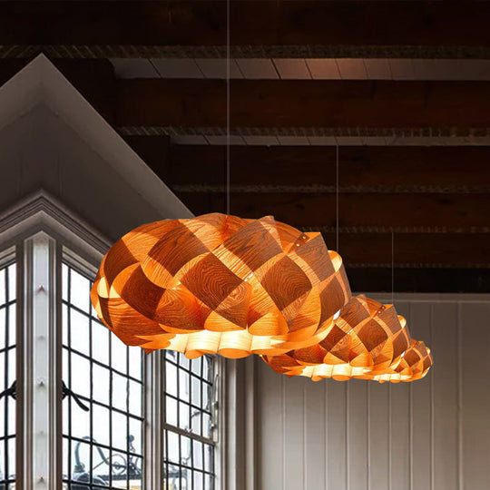 Japanese Rounded Drum Wood Ceiling Light Fixture In Beige - 1 Head Suspended Lighting