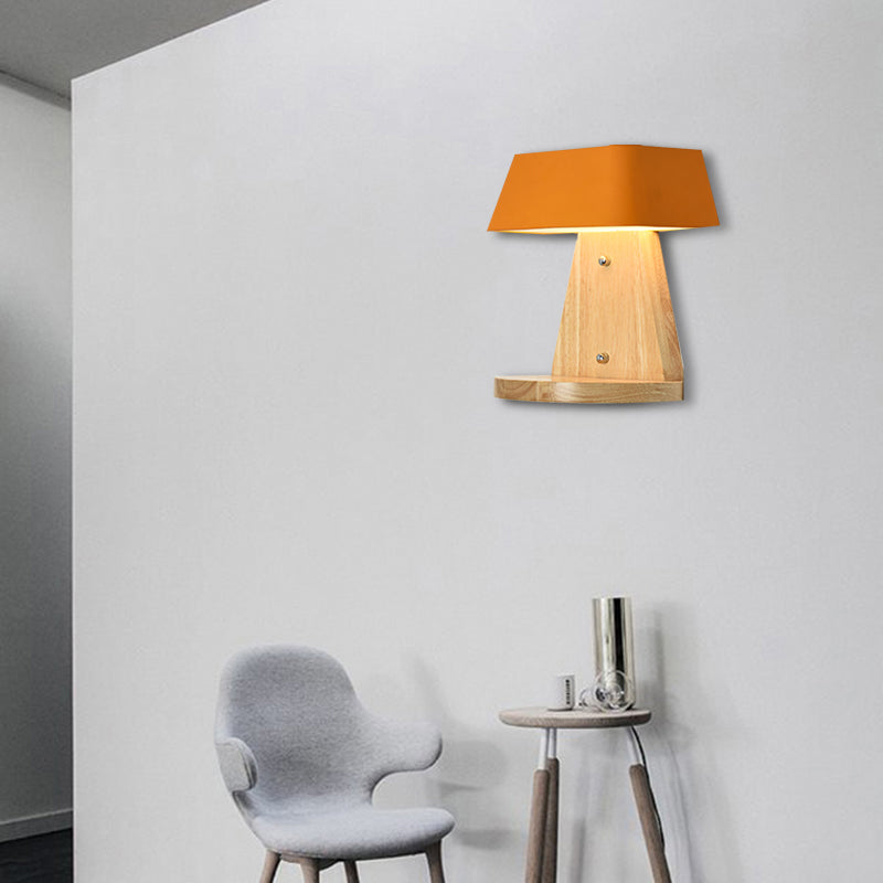 Modern Metal Trapezoid Wall Sconce With Wooden Backplate - White/Orange/Blue Light Fixture For