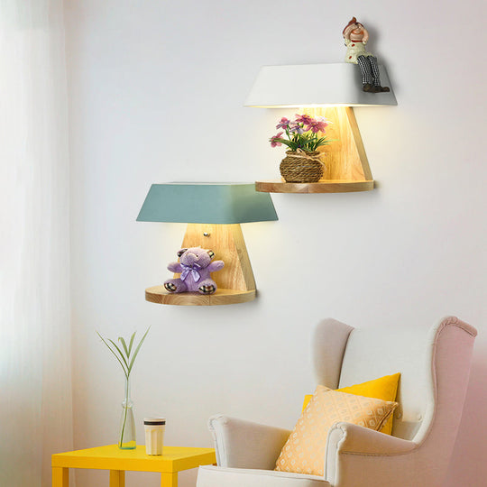 Modern Metal Trapezoid Wall Sconce With Wooden Backplate - White/Orange/Blue Light Fixture For