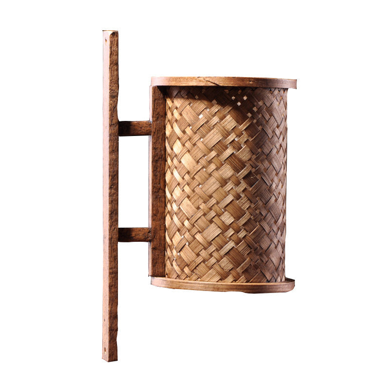 Bamboo Cylinder Wall Sconce In Asian Style - 1 Bulb Brown Light Fixture With Rectangle Backplate