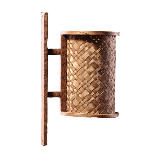 Bamboo Cylinder Wall Sconce In Asian Style - 1 Bulb Brown Light Fixture With Rectangle Backplate