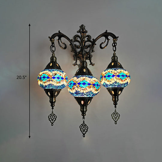 Traditional 3-Head Oval Hand Cut Glass Wall Light In White/Red/Yellow For Living Room Sconce