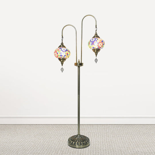 Hand-Crafted Glass Oval Floor Reading Lamp With 2 Lights In Traditional White/Blue/Yellow Design