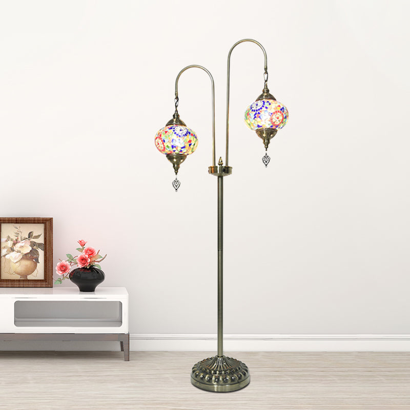 Hand-Crafted Glass Oval Floor Reading Lamp With 2 Lights In Traditional White/Blue/Yellow Design