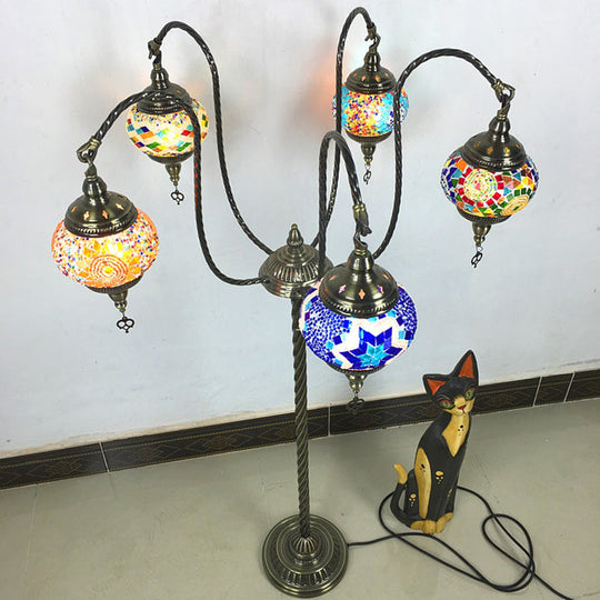 Vintage Stained Glass Curved Arm Floor Lamp - Yellow/Blue 5-Head Standing Light For Reading