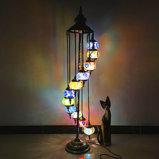 Traditional Hand-Crafted Glass Helical Stand Up Lamp - White/Yellow Reading Floor With 11 Lights