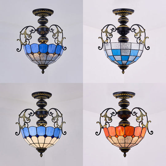 Rustic Bowl Ceiling Light Fixture - Stained Glass Semi Flush With Square/Blue And Diamond Designs