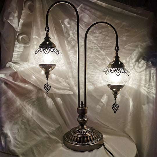 Vintage Crackle Glass Bedside Lamp With Oval Shade And 1/2/3 Lights Bronze Night Table Decor 2 /