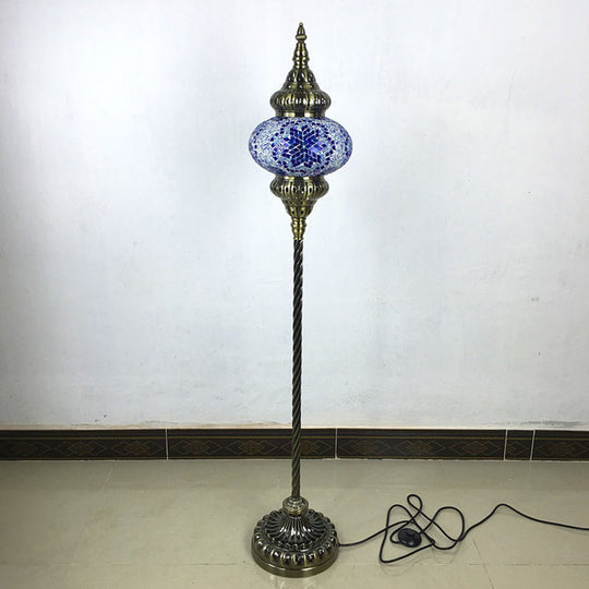 Traditional Stained Glass Oval Standing Lamp - 1 Head Living Room Floor Light In Red/Yellow/Blue