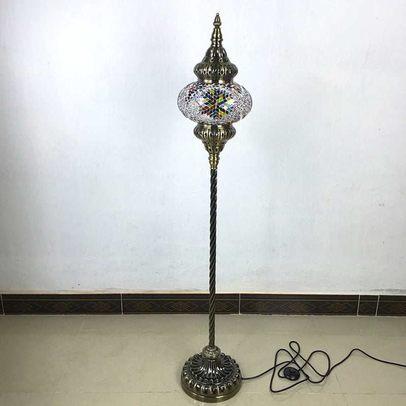 Traditional Stained Glass Oval Standing Lamp - 1 Head Living Room Floor Light In Red/Yellow/Blue