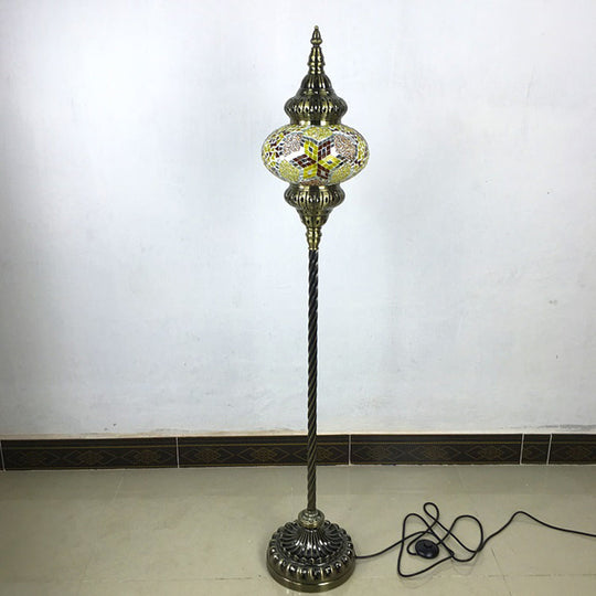 Traditional Stained Glass Oval Standing Lamp - 1 Head Living Room Floor Light In Red/Yellow/Blue