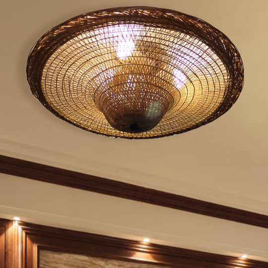 Bamboo Flush Light With 4 Bulbs - Chinese Ceiling - Mounted Fixture In Beige For Dining Room