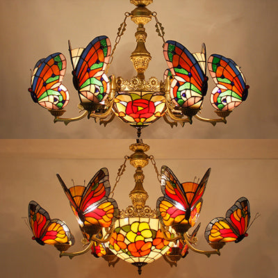 Colorful Glass Butterfly Chandelier With Red Flower/Rose Dome Shade For Staircase