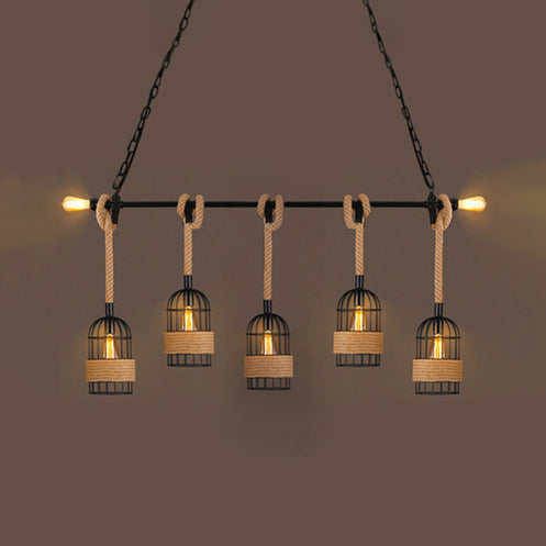 Industrial Birdcage Pendant Lighting With Natural Rope - Black Finish 5 /