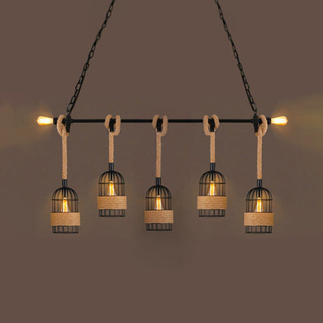 Industrial Birdcage Pendant Lighting With Natural Rope - Black Finish 5 /
