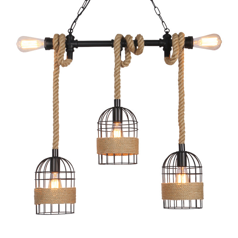 Industrial Birdcage Pendant Lighting With Natural Rope - Black Finish