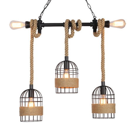 Industrial Birdcage Pendant Lighting With Natural Rope - Black Finish
