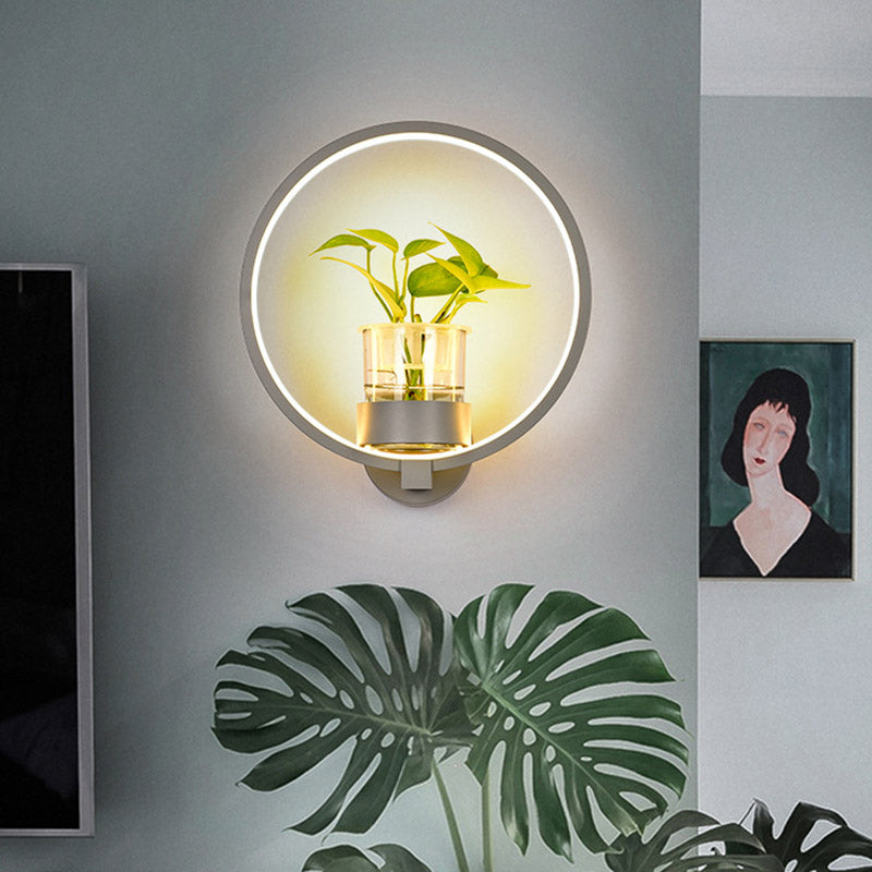 Antique Black/Grey/White Metal Sconce Light For Bedroom Wall Mount - Circular Design With Plant Cup