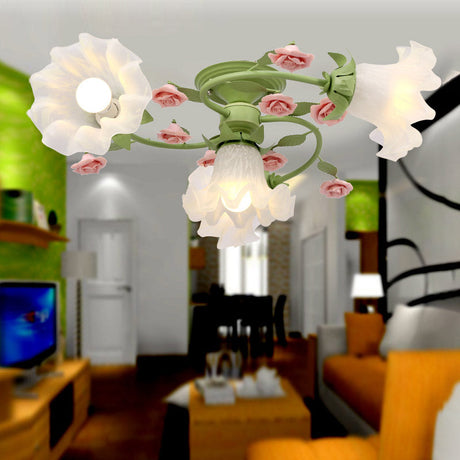 Green Milk Glass Scalloped Ceiling Light Fixture - Pastoral Style Semi Flush Mount With 4 Heads