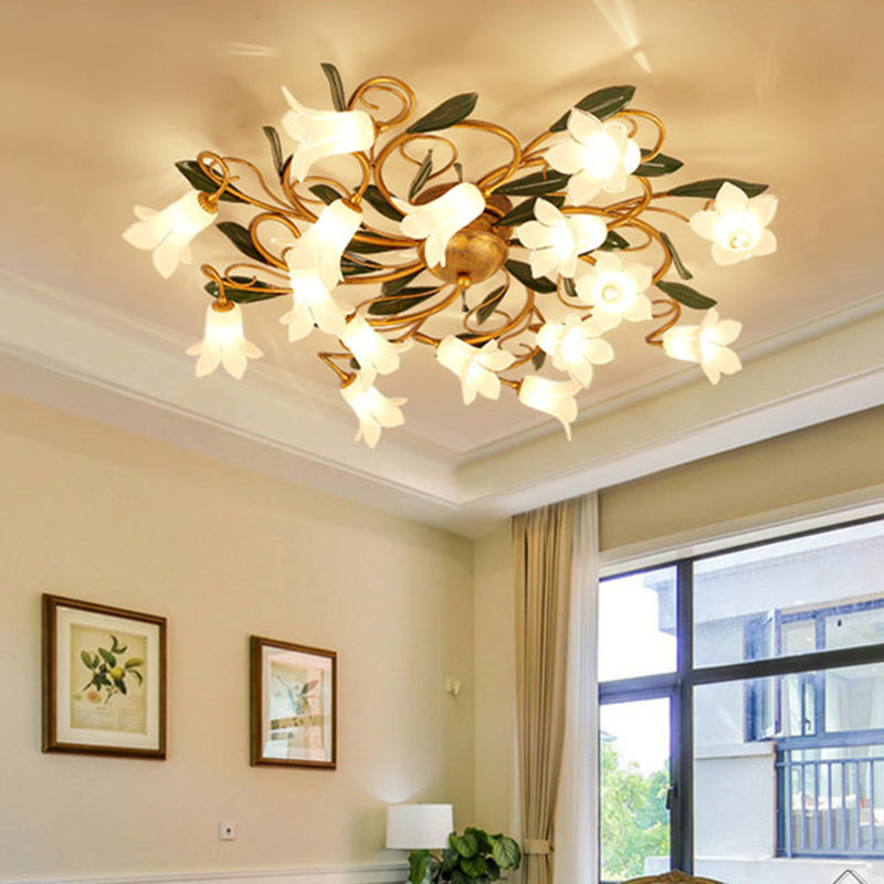 Metal Brass Ceiling Flush Lily/Tulip Led Semi Mount Lighting - 16 - Head American Garden Style For