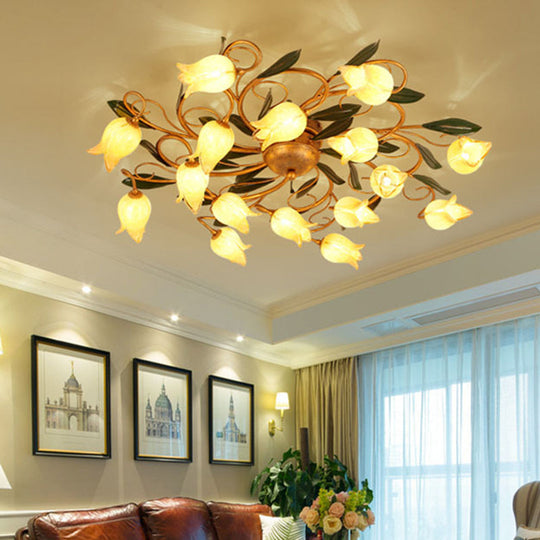 Metal Brass Ceiling Flush Lily/Tulip Led Semi Mount Lighting - 16 - Head American Garden Style For