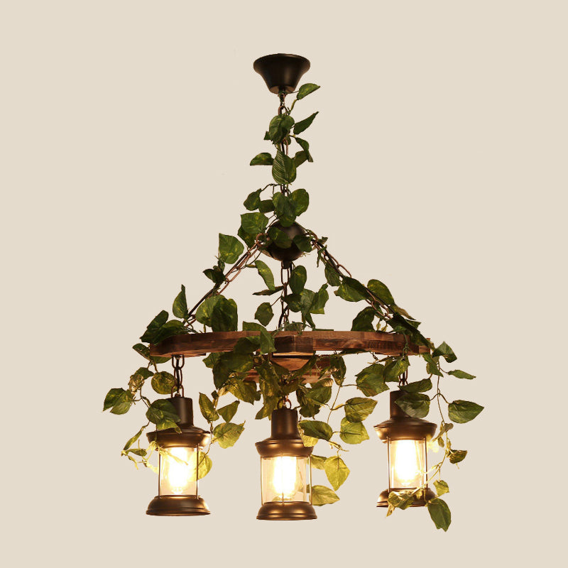 Industrial Green Lantern Wooden Chandelier - Led Restaurant Ceiling Light (3/6/8 Heads)