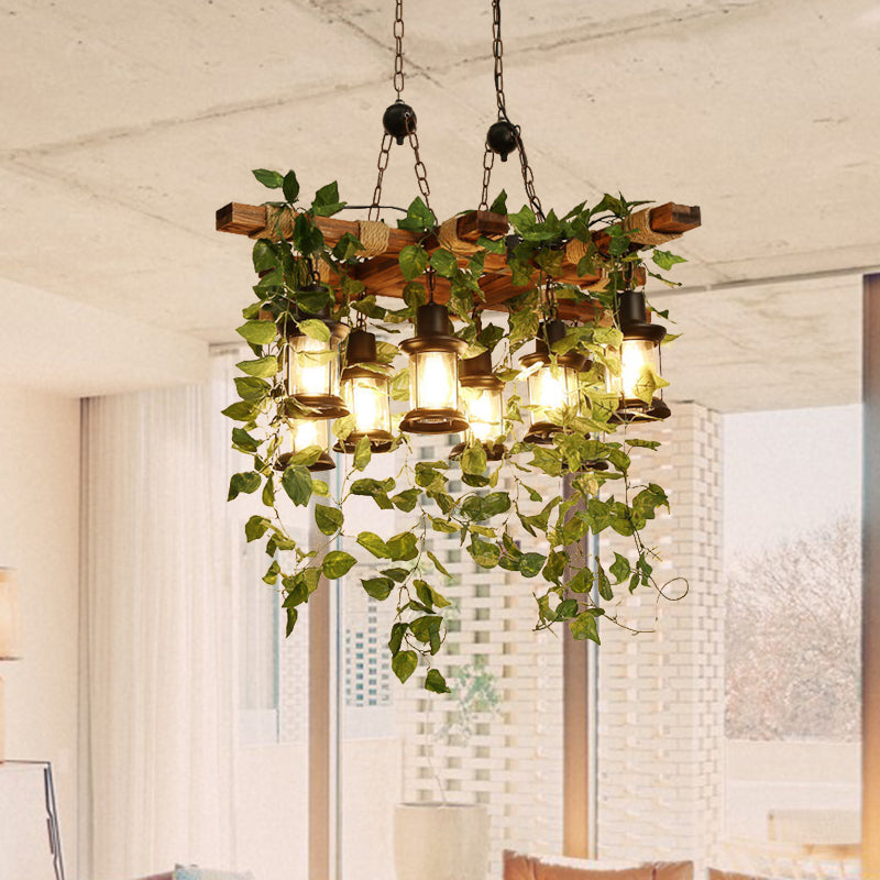 Industrial Green Lantern Wooden Chandelier - Led Restaurant Ceiling Light (3/6/8 Heads)
