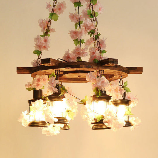 Vintage Wooden Lantern Pendant Chandelier With Led Flower Suspension Light In Pink - 3/6/8 Heads