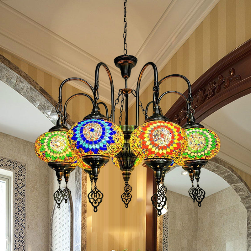 Vintage Yellow/Green Hand Cut Glass Chandelier Lighting - 9 Heads Oval Ceiling Pendant Light