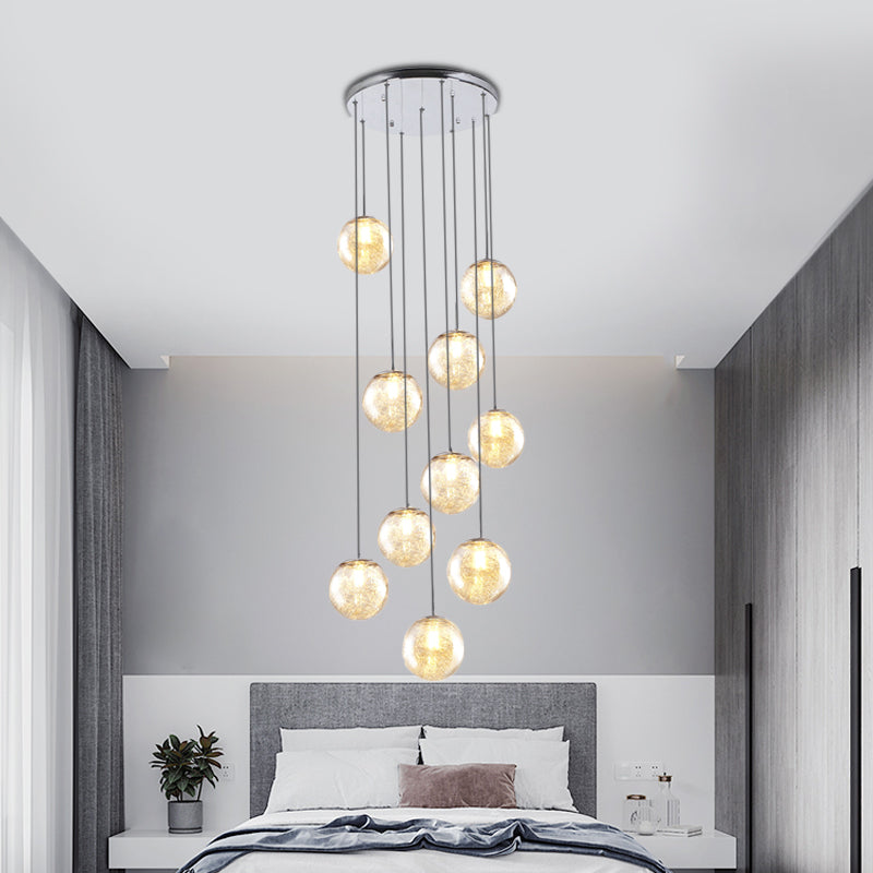 Contemporary Amber Glass Sphere Ceiling Lamp - 10-Light Pendant For Bedroom
