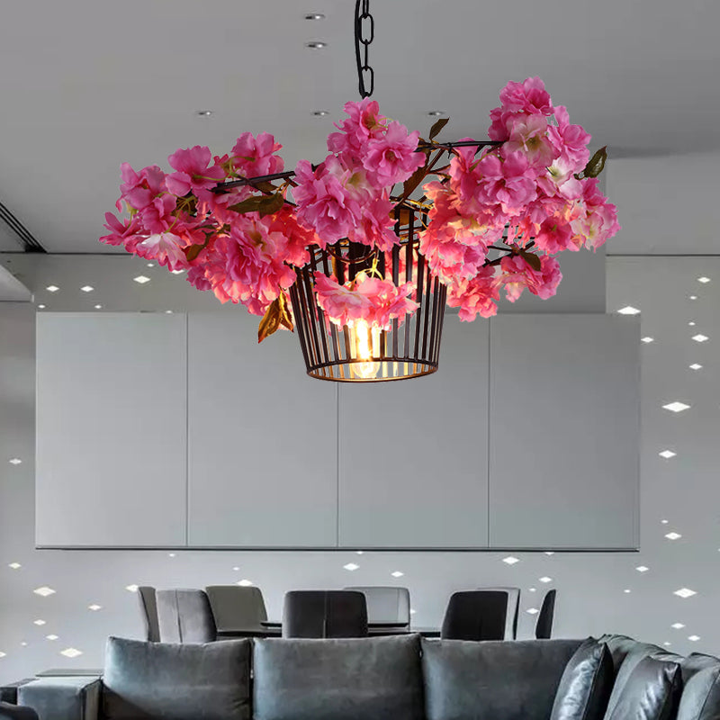 Industrial Cage Suspension Pendant Light With Cherry Blossom Design In Black - 18’/23.5’ Width