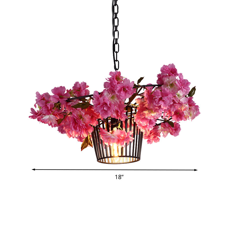 Industrial Cage Suspension Pendant Light With Cherry Blossom Design In Black - 18’/23.5’ Width